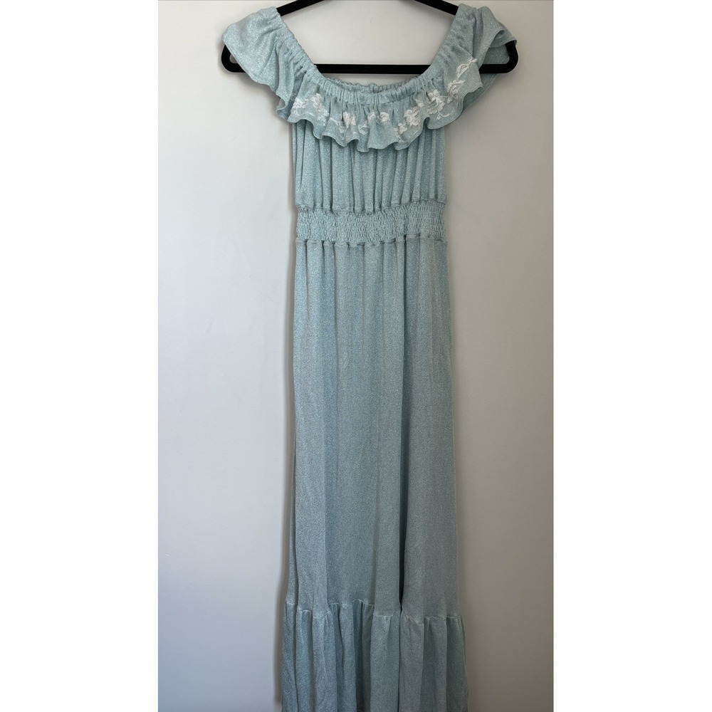 Vanita Rosa St Barth Off the Shoulder Maxi Dress Lace Blue Silver Metallic OS